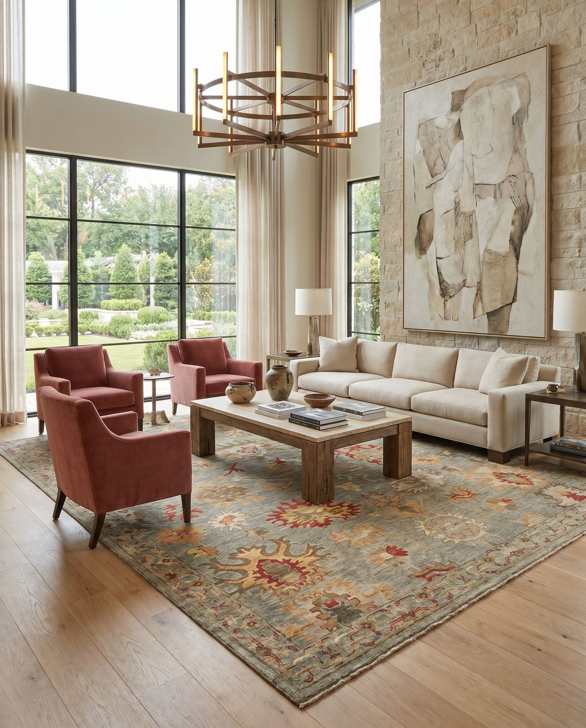 Ghazni GHZ-2307 Hand Knotted Rug as the centerpiece of a bright luxury living room — a hand knotted traditional area rug in light olive, olive, beige and camel tones