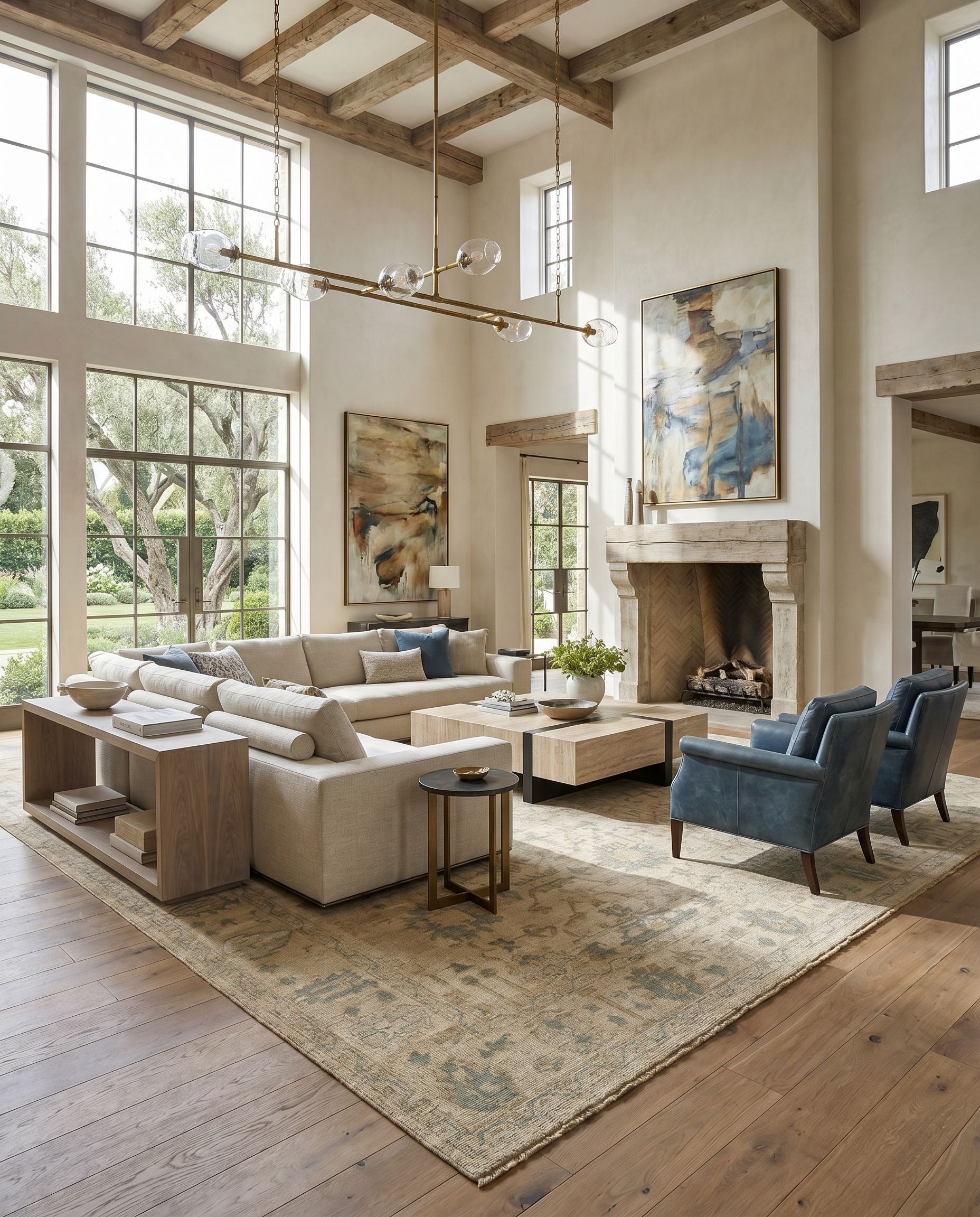 Reign REG-2307 Hand Knotted Rug as the centerpiece of a bright luxury living room — a hand knotted traditional area rug in sage, brown, light olive and light beige tones