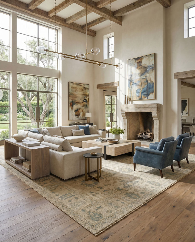 Reign REG-2307 Hand Knotted Rug as the centerpiece of a bright luxury living room — a hand knotted traditional area rug in sage, brown, light olive and light beige tones
