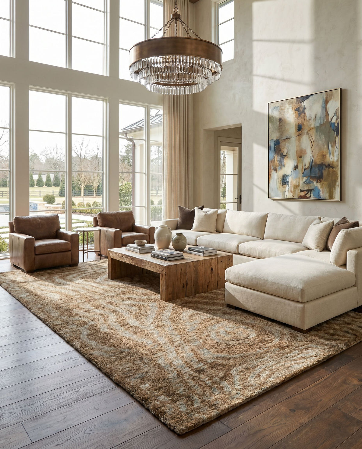 Scarborough SCR-5142 Hand Knotted Rug as the centerpiece of a bright luxury living room — a hand knotted modern area rug in charcoal and dark brown tones