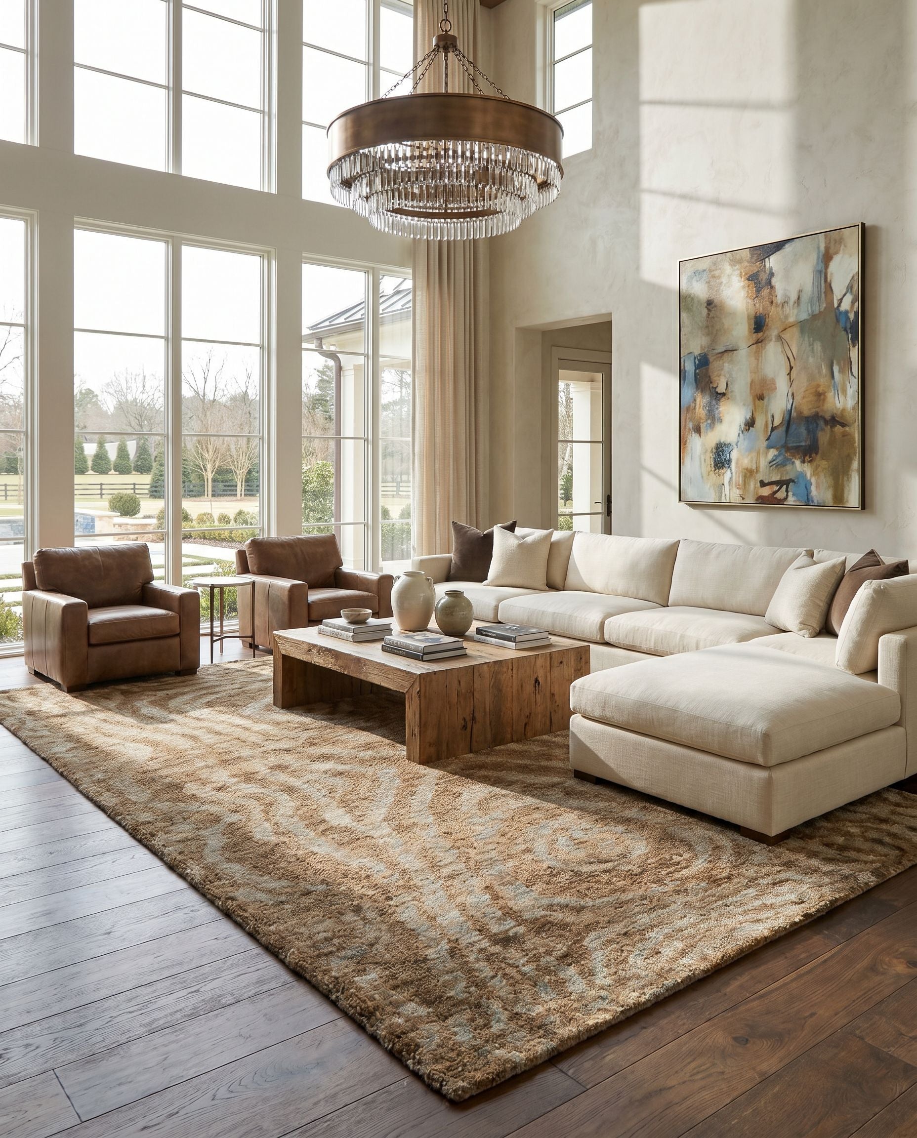 Scarborough SCR-5142 Hand Knotted Rug as the centerpiece of a bright luxury living room — a hand knotted modern area rug in charcoal and dark brown tones