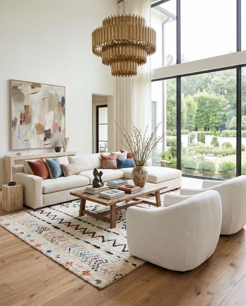 Riad RID-3003 Hand Knotted Rug as the centerpiece of a bright luxury living room — a hand knotted global area rug in ivory, black, pink and burnt orange tones