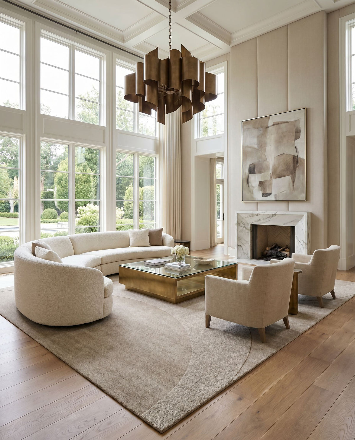 Mystique M-5478 Hand Loomed Rug as the centerpiece of a bright luxury living room — a hand loomed modern area rug in beige, taupe and sandstone tones