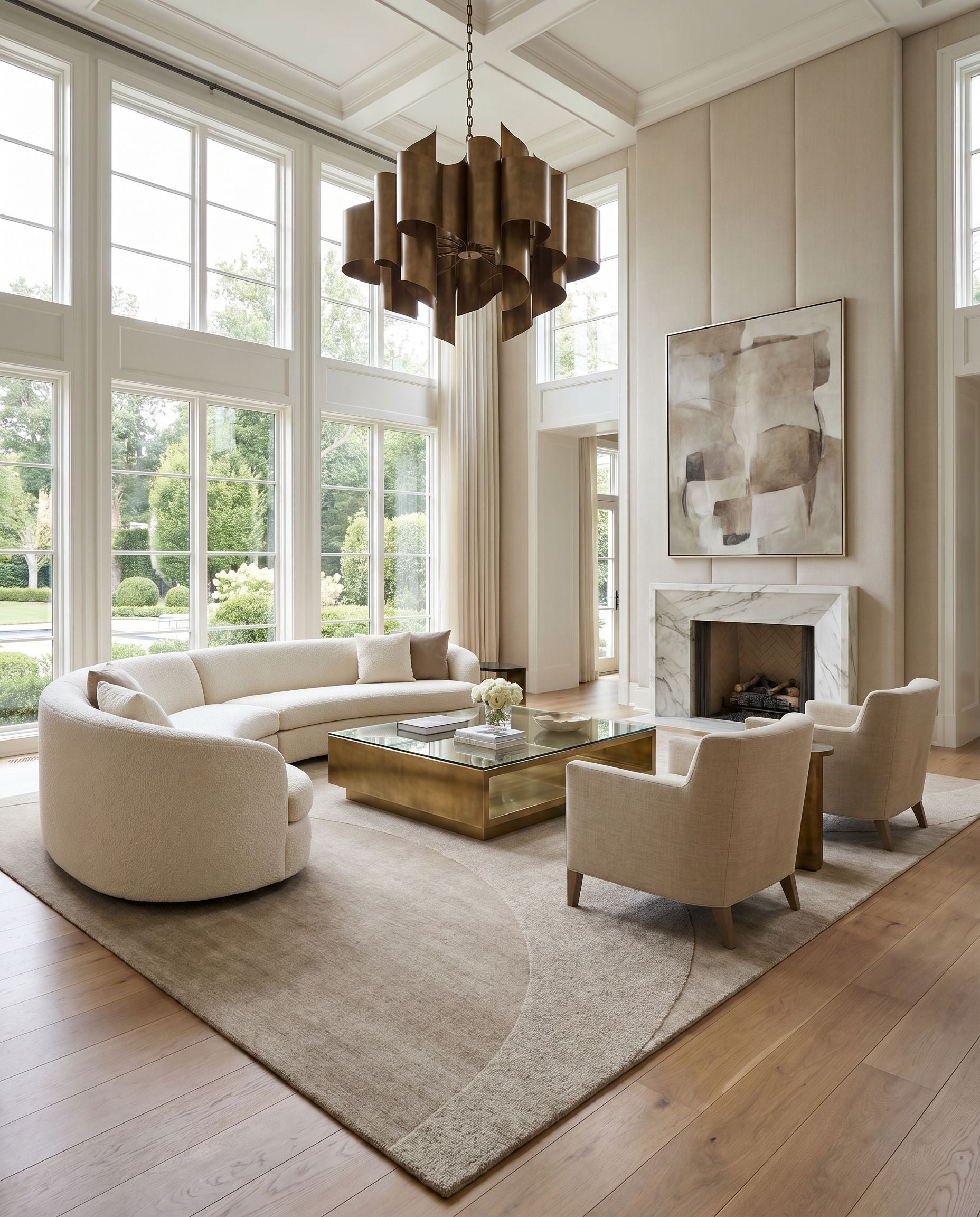 Mystique M-5478 Hand Loomed Rug as the centerpiece of a bright luxury living room — a hand loomed modern area rug in beige, taupe and sandstone tones