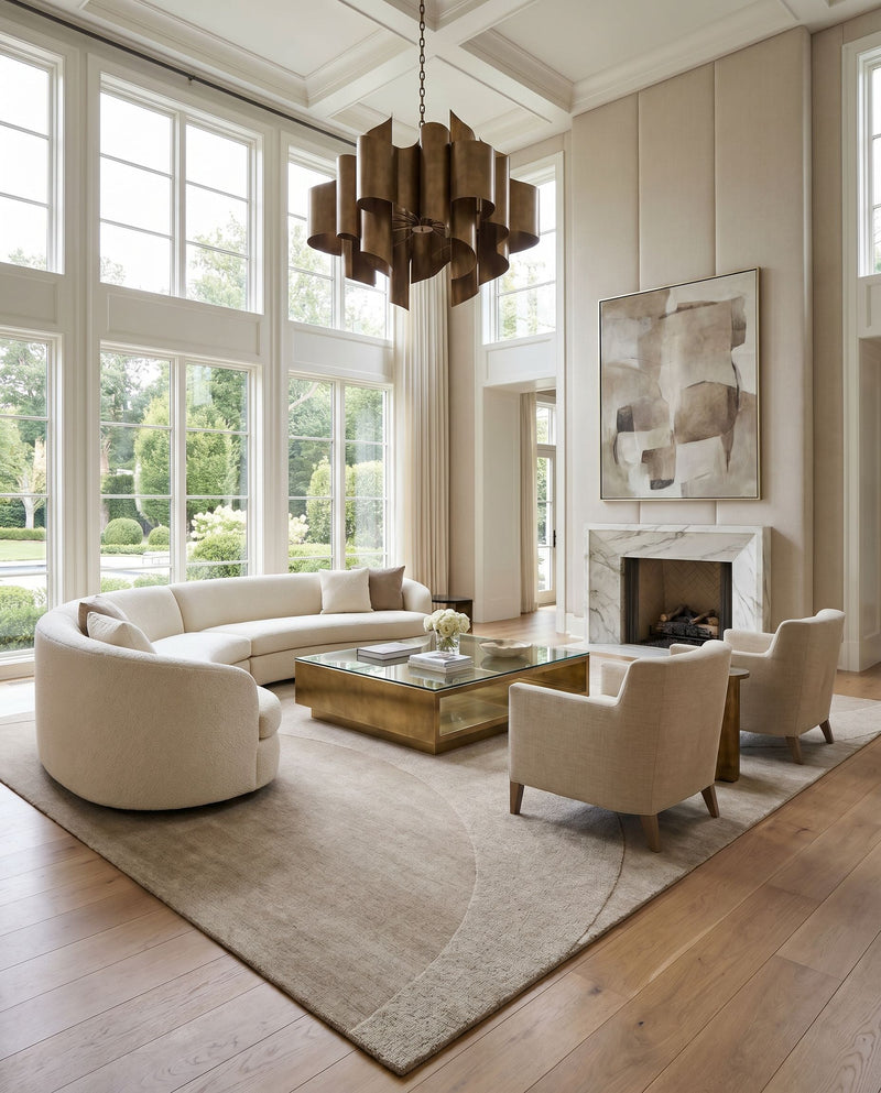 Mystique M-5478 Hand Loomed Rug as the centerpiece of a bright luxury living room — a hand loomed modern area rug in beige, taupe and sandstone tones