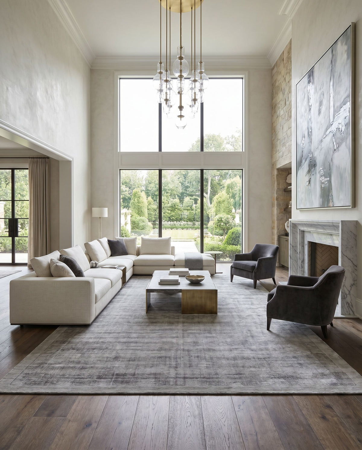 Silk Route AWSR-4034 Hand Loomed Rug as the centerpiece of a bright luxury living room — a hand loomed modern area rug in medium gray tones