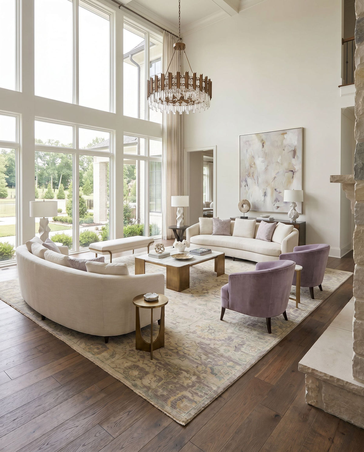 Normandy NOY-8006 Hand Knotted Rug as the centerpiece of a bright luxury living room — a hand knotted traditional area rug in wheat, light sage, teal and lavender tones