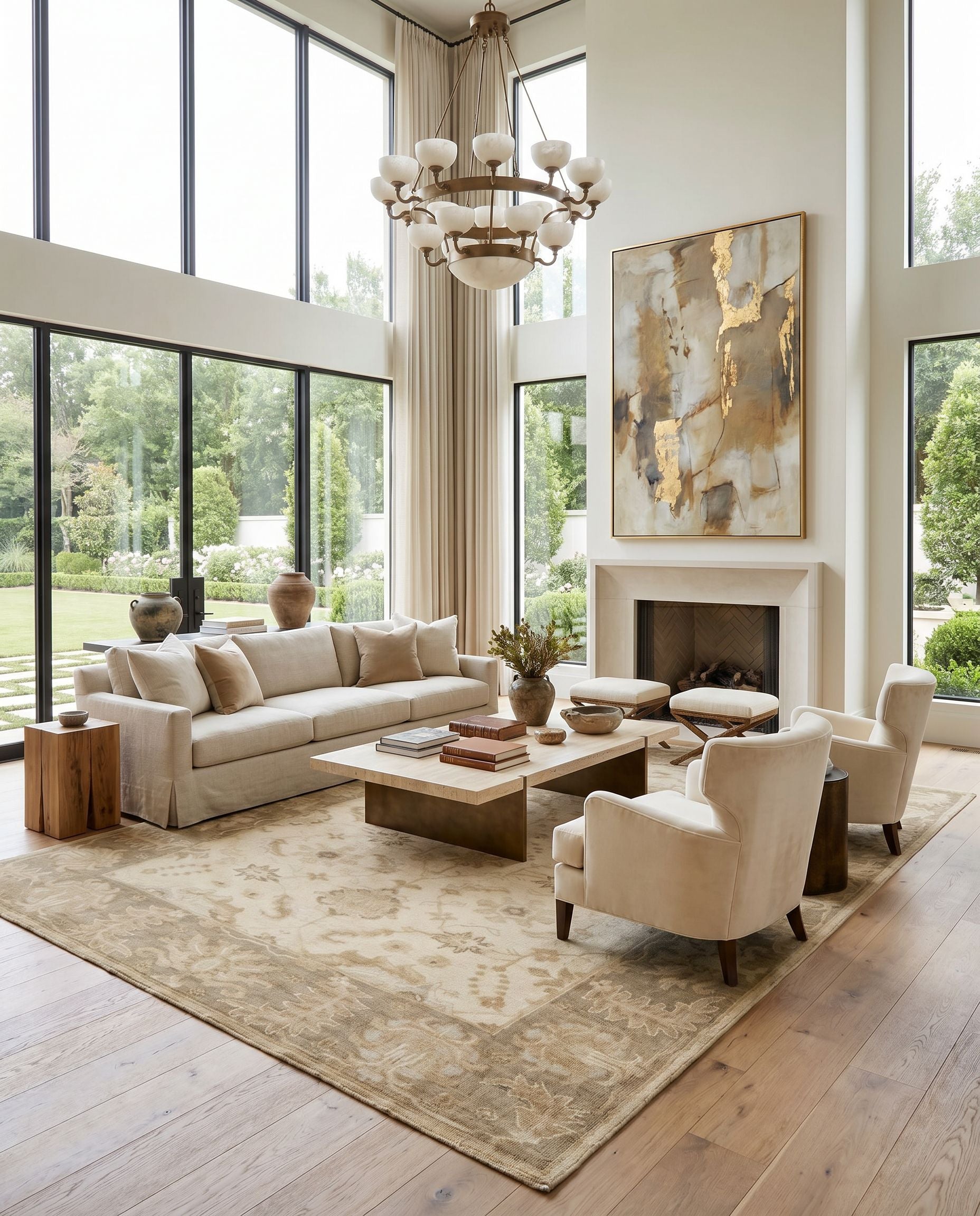 Ainsley AIN-1017 Hand Knotted Rug as the centerpiece of a bright luxury living room — a hand knotted traditional area rug in ice blue, light beige and wheat tones