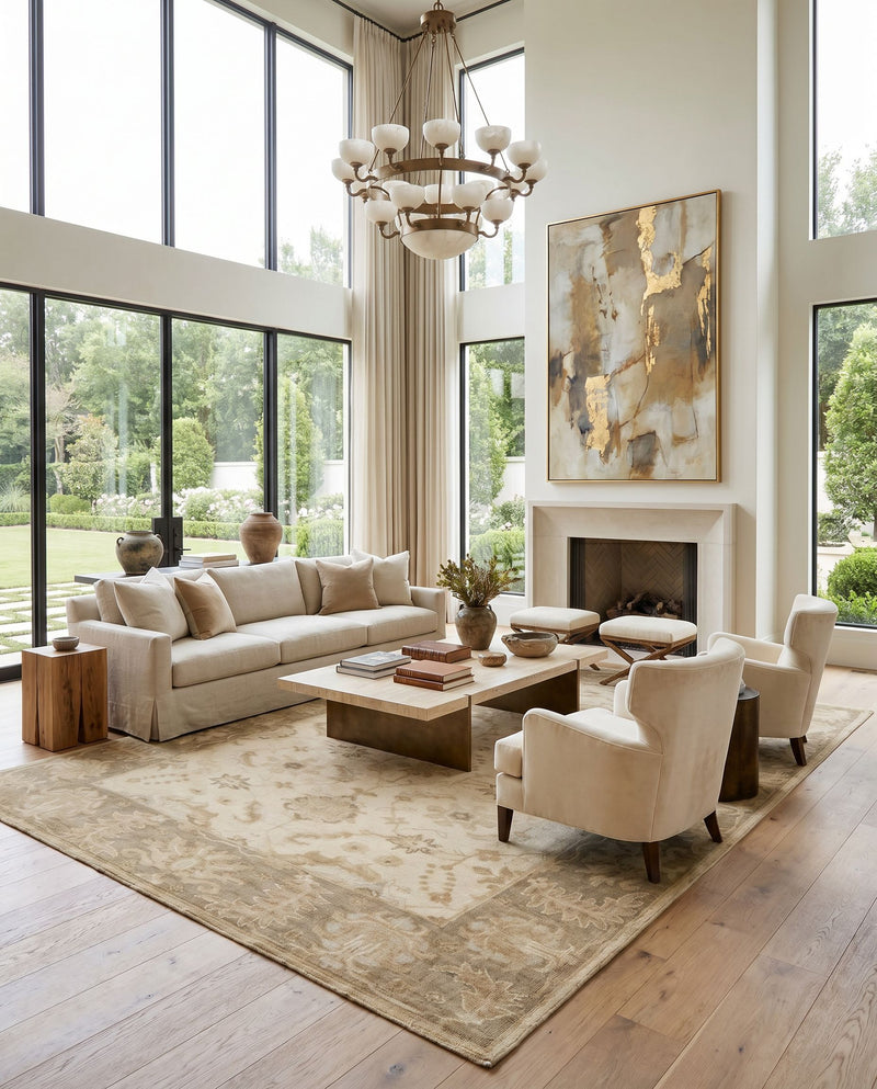 Ainsley AIN-1017 Hand Knotted Rug as the centerpiece of a bright luxury living room — a hand knotted traditional area rug in ice blue, light beige and wheat tones