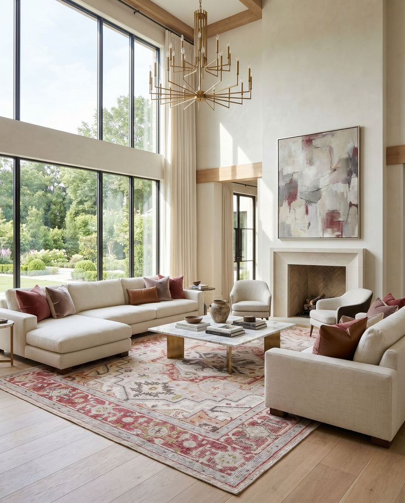 Revere RVE-2306 Hand Knotted Rug as the centerpiece of a bright luxury living room — a hand knotted traditional area rug in rust, charcoal, brown and pale blue tones