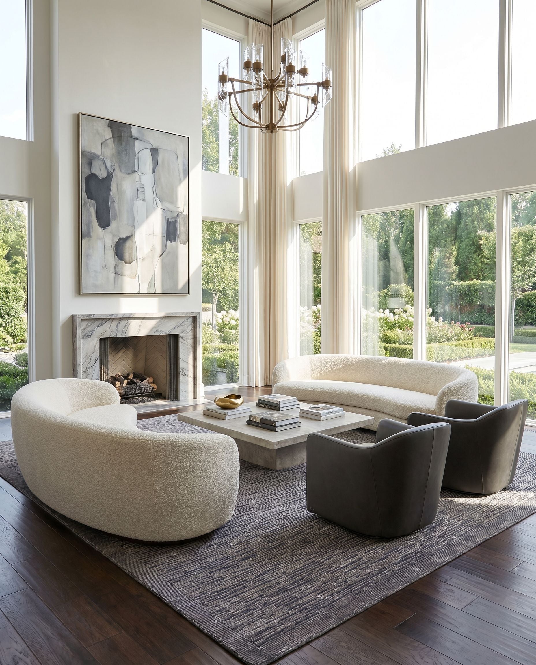 Capri CAP-2307 Hand Knotted Rug as the centerpiece of a bright luxury living room — a hand knotted modern area rug in black and charcoal tones