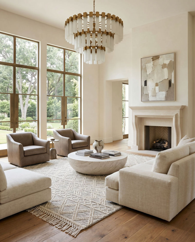 Hemingway HMG-2303 Hand Woven Rug as the centerpiece of a bright luxury living room — a hand woven global area rug in ivory and black tones