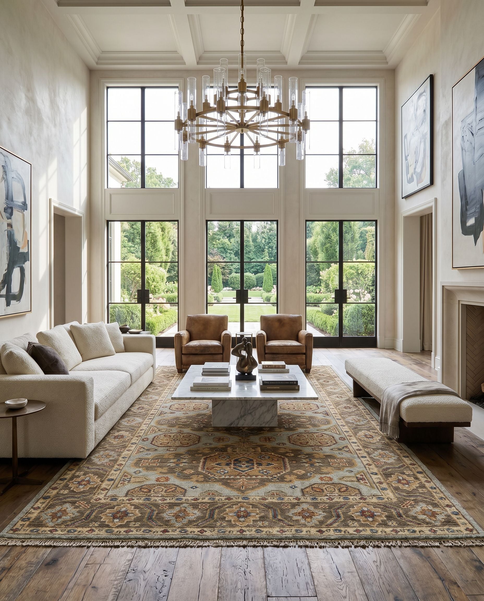 Biscayne BSY-2303 Hand Knotted Rug as the centerpiece of a bright luxury living room — a hand knotted traditional area rug in aqua, bright yellow, rust and ivory tones
