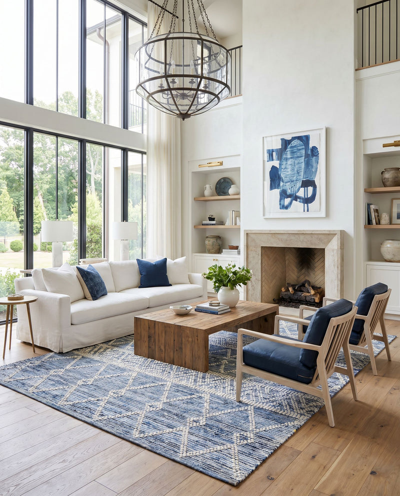 Nadine NDD-2301 Hand Woven Rug as the centerpiece of a bright luxury living room — a hand woven global area rug in ivory, navy and dark blue tones
