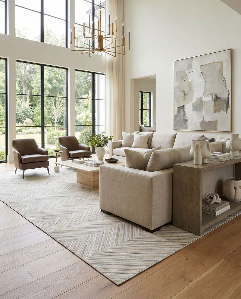 Zander ZND-1001 Hand Crafted Rug as the centerpiece of a bright luxury living room — a hand crafted modern area rug in cream, medium gray and brown tones
