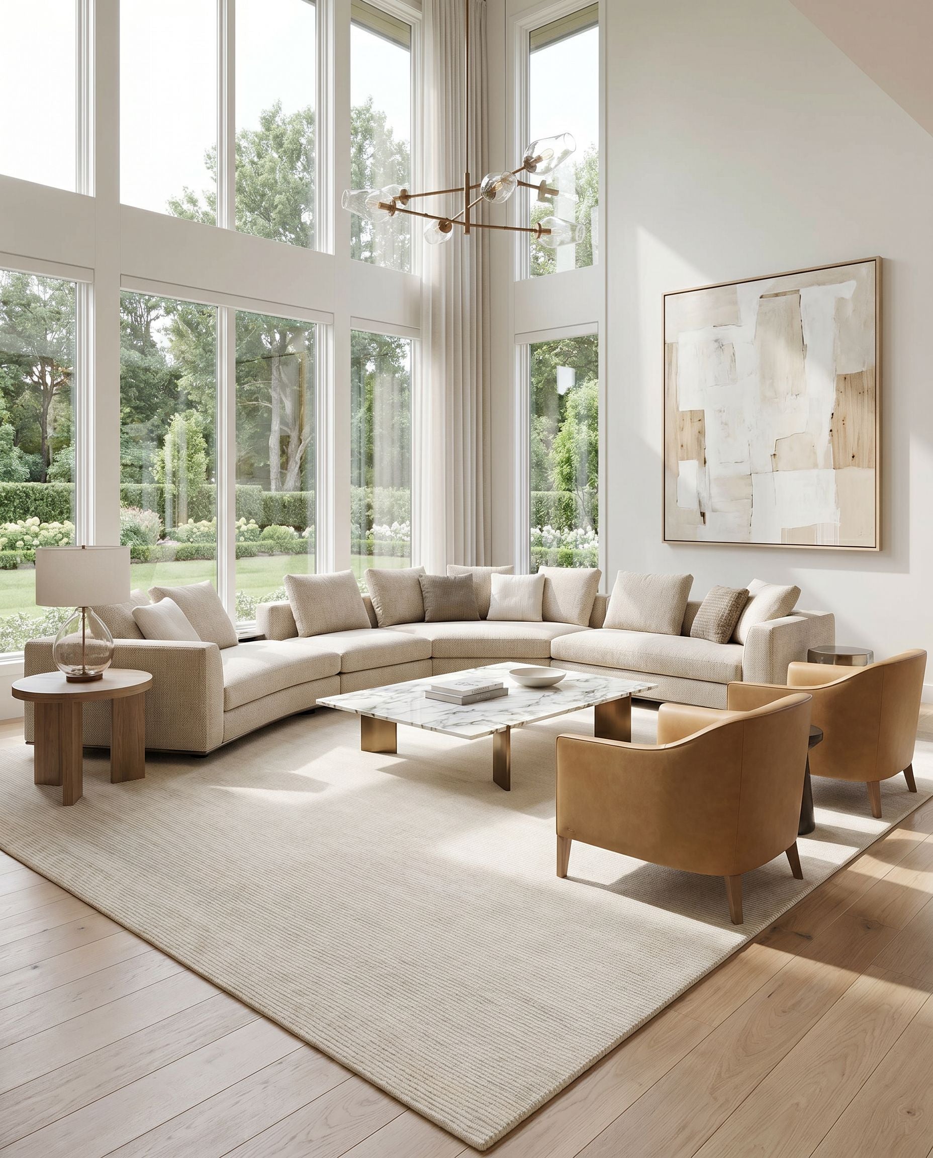 Capri CAP-2304 Hand Knotted Rug as the centerpiece of a bright luxury living room — a hand knotted cottage area rug in cream tones