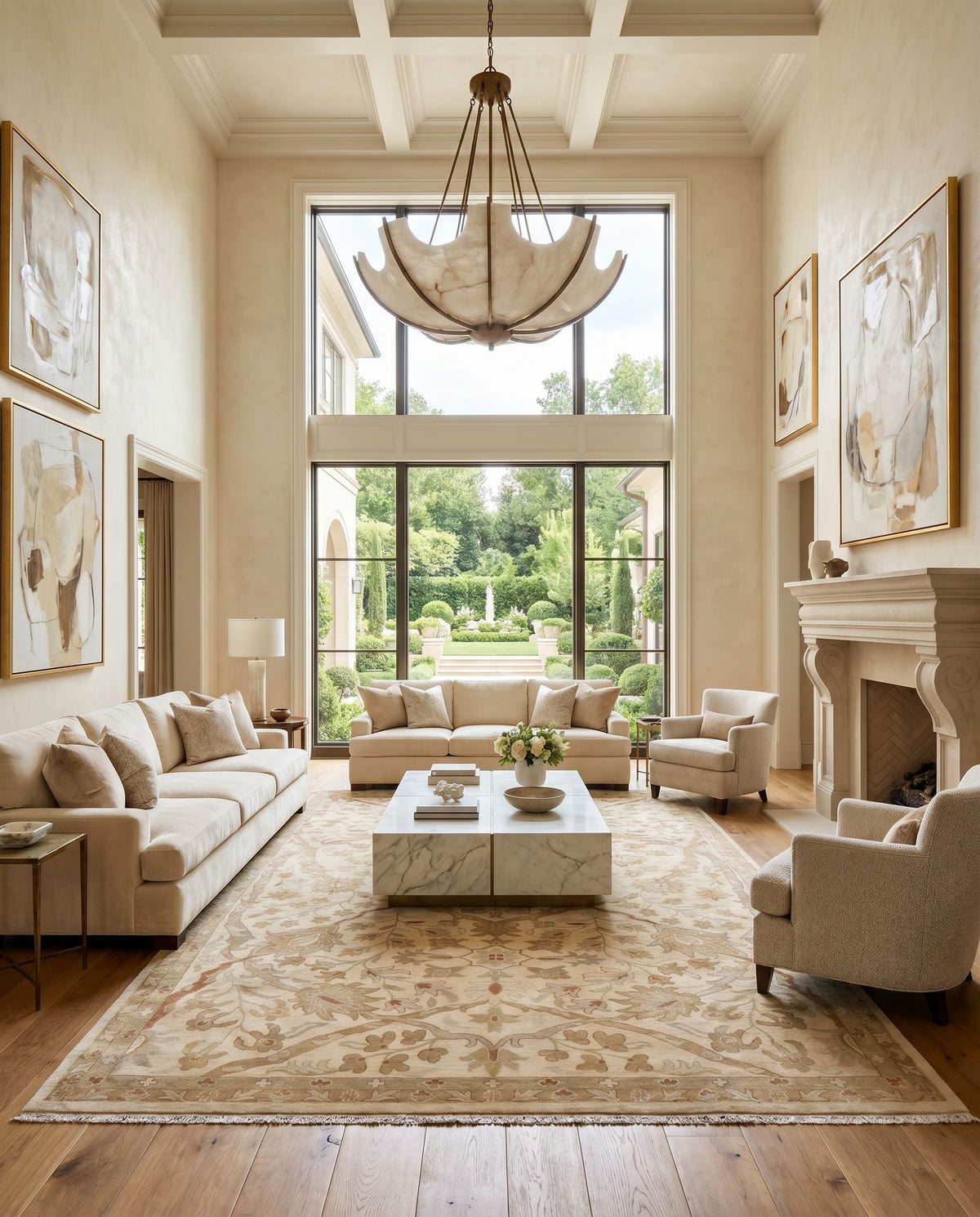 Adana IT-9006 Hand Knotted Rug as the centerpiece of a bright luxury living room — a hand knotted traditional area rug in multicolor tones