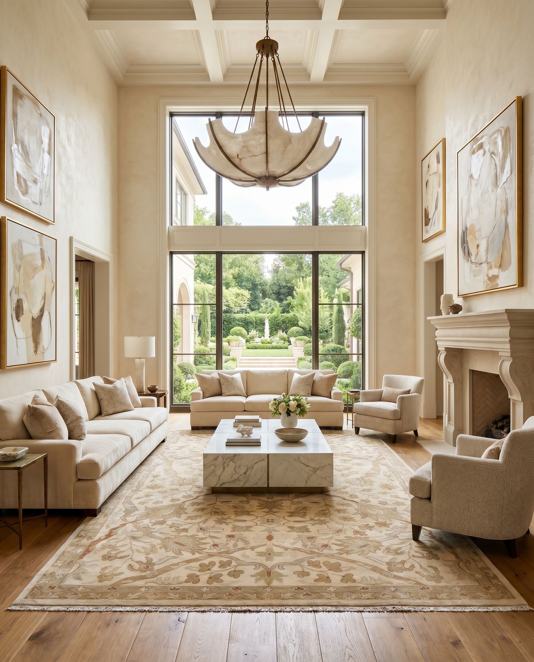 Adana IT-9006 Hand Knotted Rug as the centerpiece of a bright luxury living room — a hand knotted traditional area rug in multicolor tones