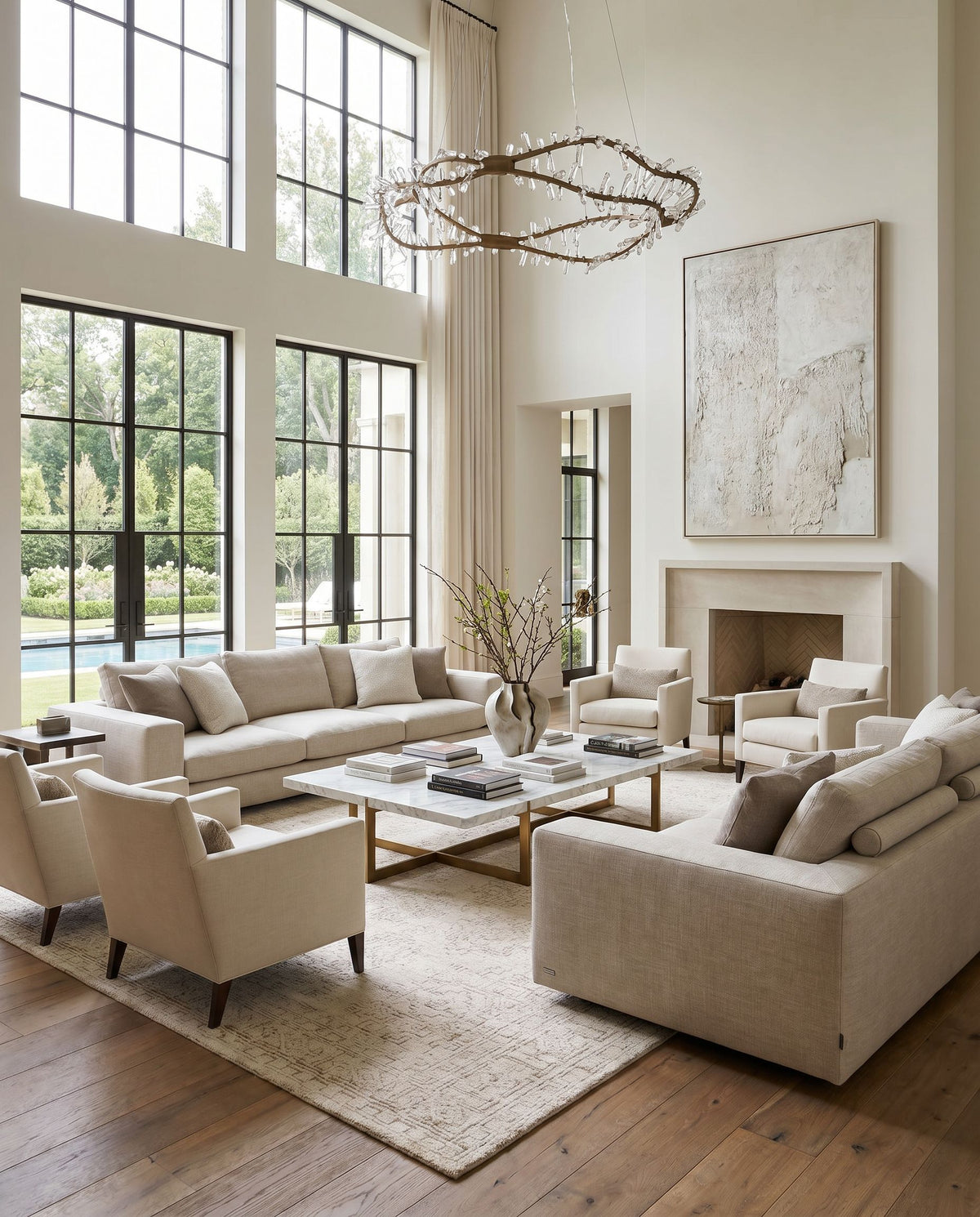 Bella LLB-2301 Hand Knotted Rug as the centerpiece of a bright luxury living room — a hand knotted traditional area rug in medium gray, white and medium brown tones