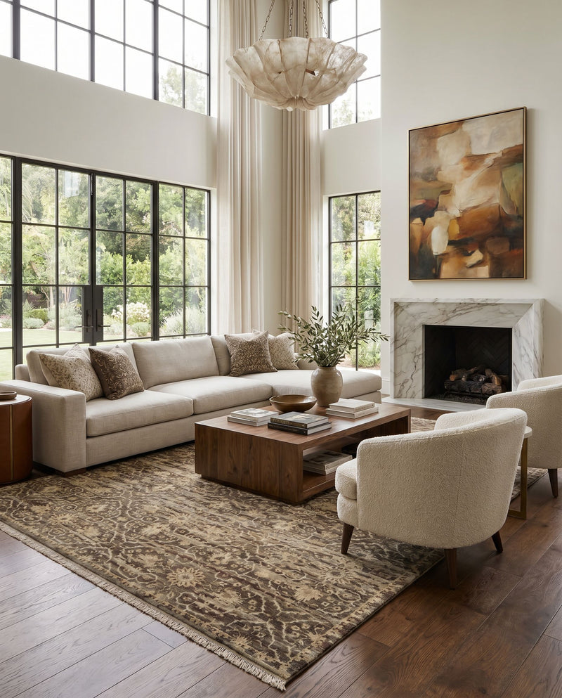 Empress EMS-7010 Hand Knotted Rug as the centerpiece of a bright luxury living room — a hand knotted traditional area rug in charcoal, gray, dusty sage and light gray tones