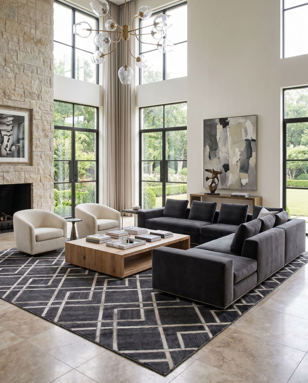 Eloquent ELQ-2305 Hand Crafted Rug as the centerpiece of a bright luxury living room — a hand crafted modern area rug in black, gray and light gray tones