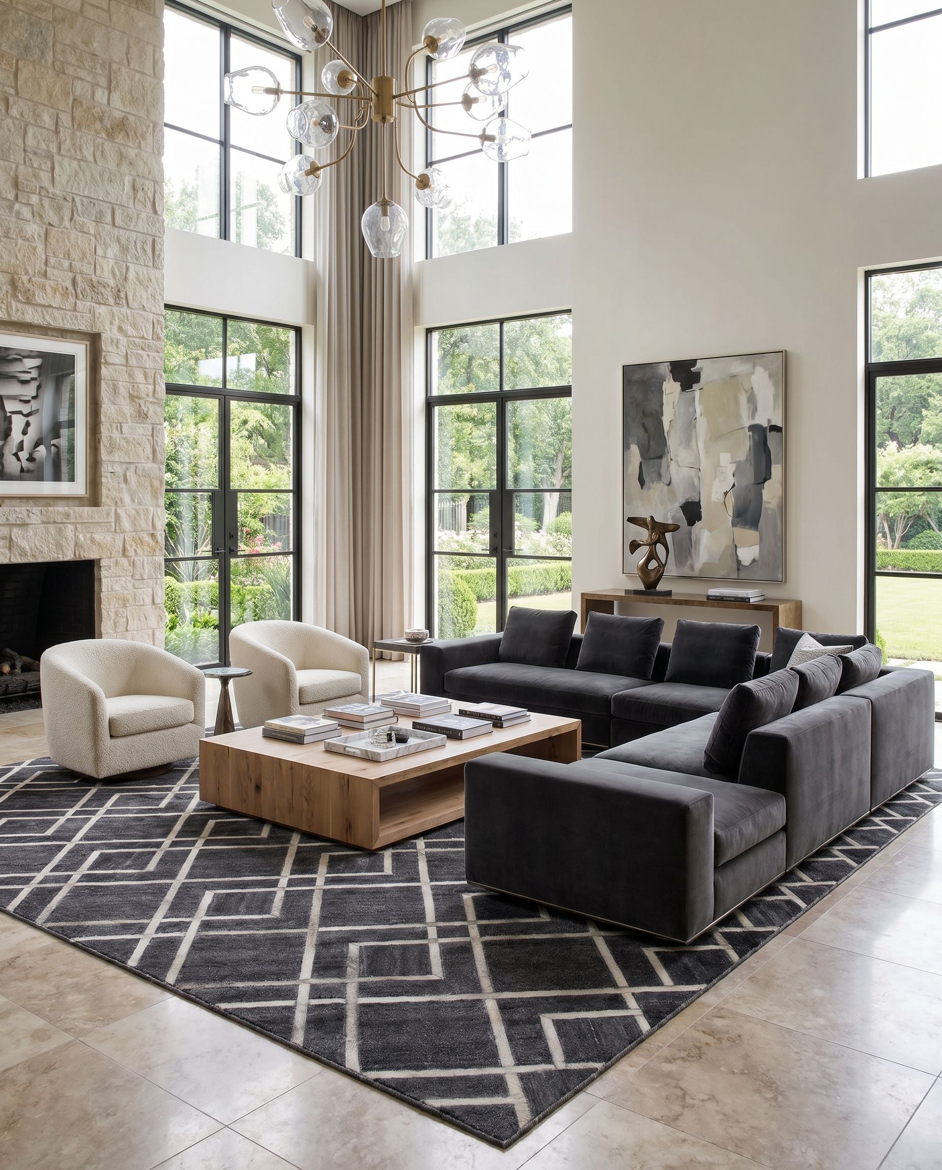 Eloquent ELQ-2305 Hand Crafted Rug as the centerpiece of a bright luxury living room — a hand crafted modern area rug in black, gray and light gray tones