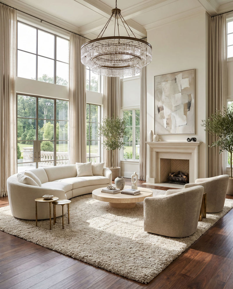Goddess GDS-7503 Hand Woven Rug as the centerpiece of a bright luxury living room — a hand woven modern area rug in light beige tones