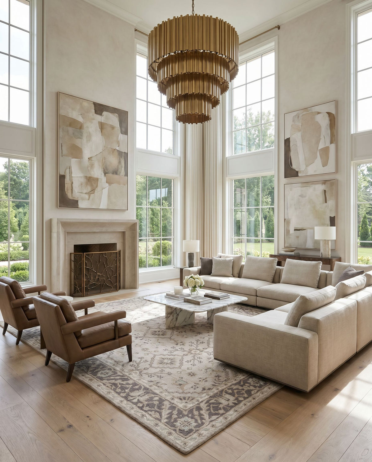 Castille CTL-2000 Hand Tufted Rug as the centerpiece of a bright luxury living room — a hand tufted traditional area rug in medium gray, charcoal, off-white and light brown tones