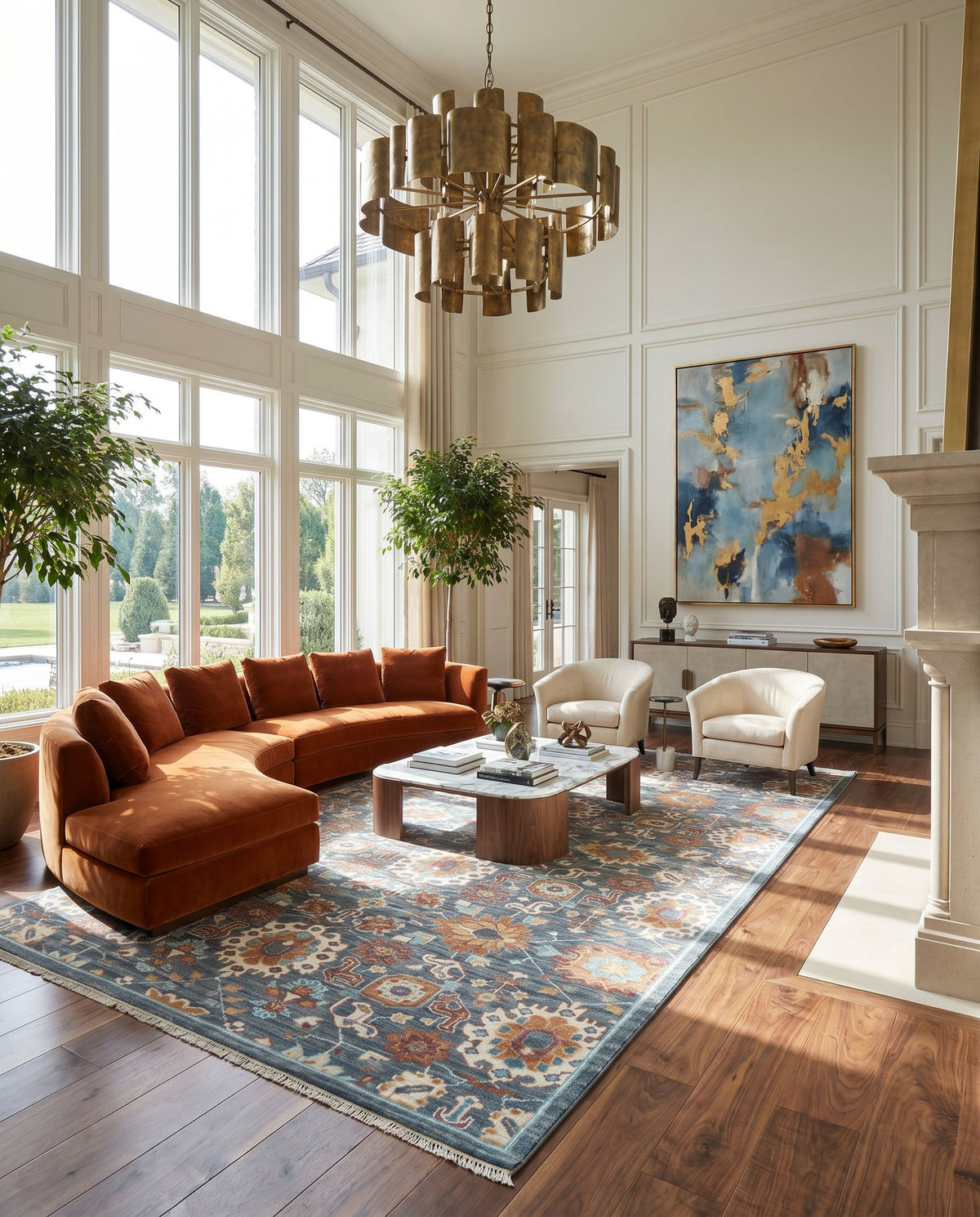 Elixir EXI-1006 Hand Knotted Rug as the centerpiece of a bright luxury living room — a hand knotted traditional area rug in dark green, camel, teal and cream tones