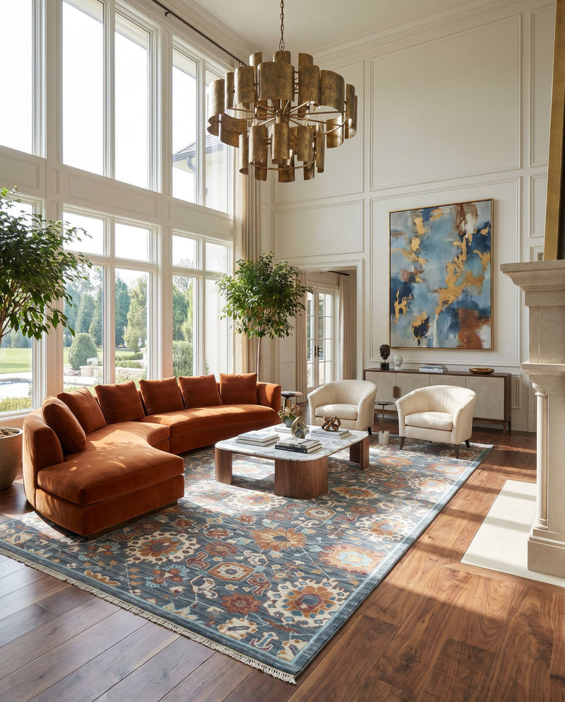 Elixir EXI-1006 Hand Knotted Rug as the centerpiece of a bright luxury living room — a hand knotted traditional area rug in dark green, camel, teal and cream tones