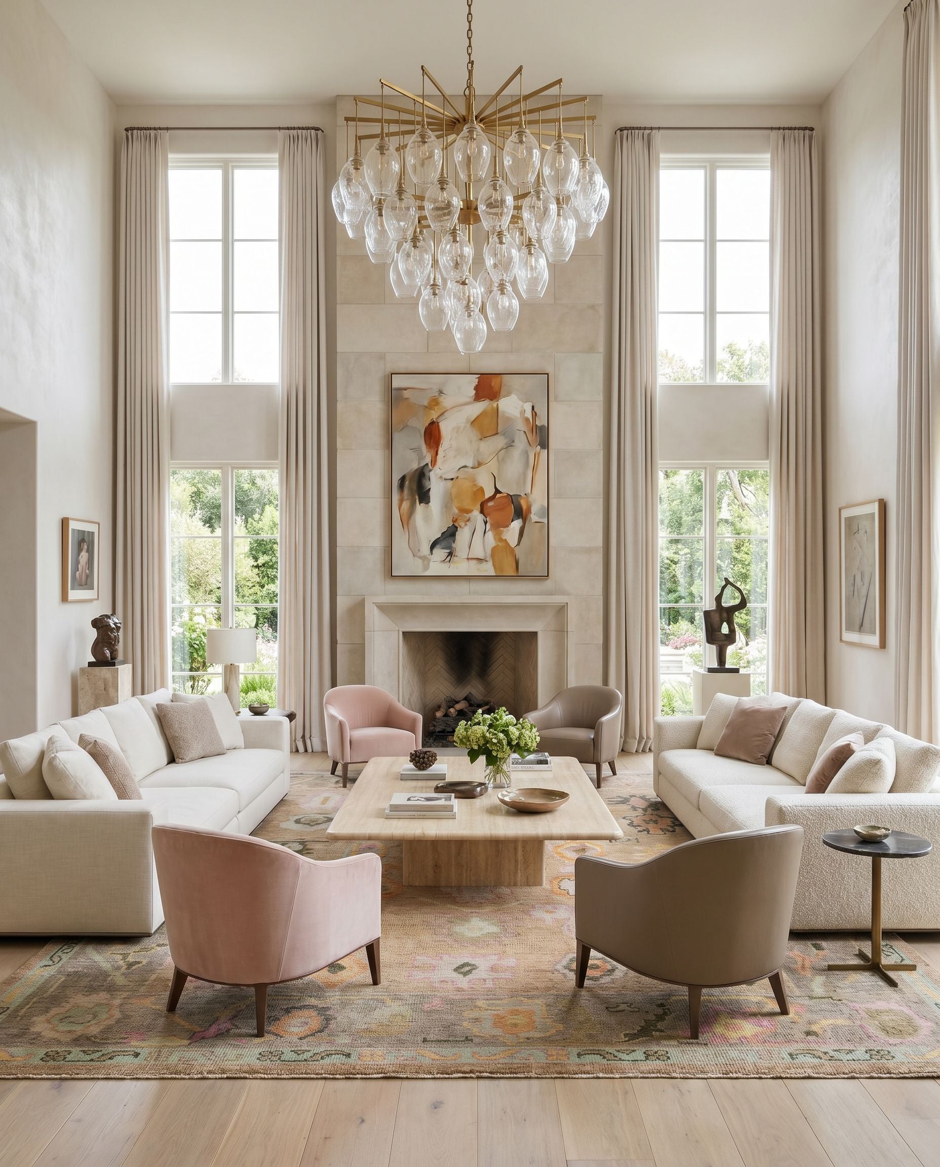 Kars KSA-2302 Hand Knotted Rug as the centerpiece of a bright luxury living room — a hand knotted traditional area rug in orange, bright yellow, pink and light olive tones