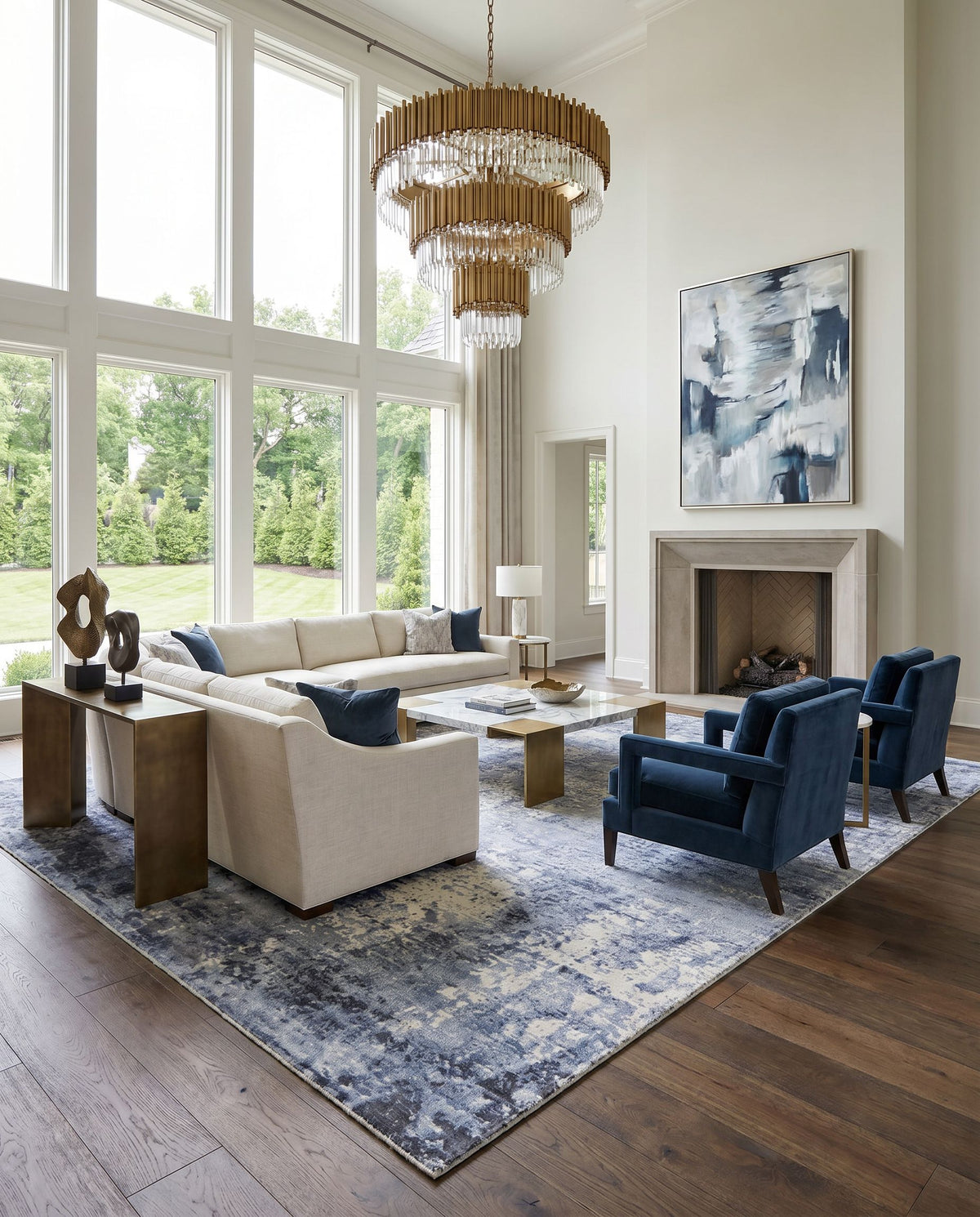 Park Avenue PAV-2302 Hand Loomed Rug as the centerpiece of a bright luxury living room — a hand loomed modern area rug in dark blue, denim, black and medium gray tones