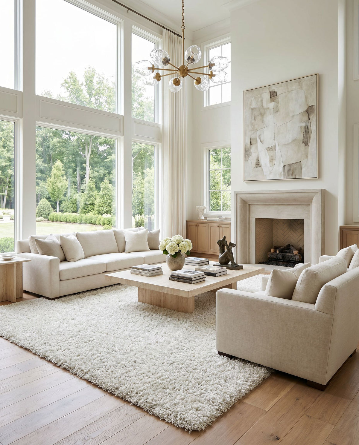 Vivid VIV-803 Hand Woven Rug as the centerpiece of a bright luxury living room — a hand woven modern area rug in cream tones