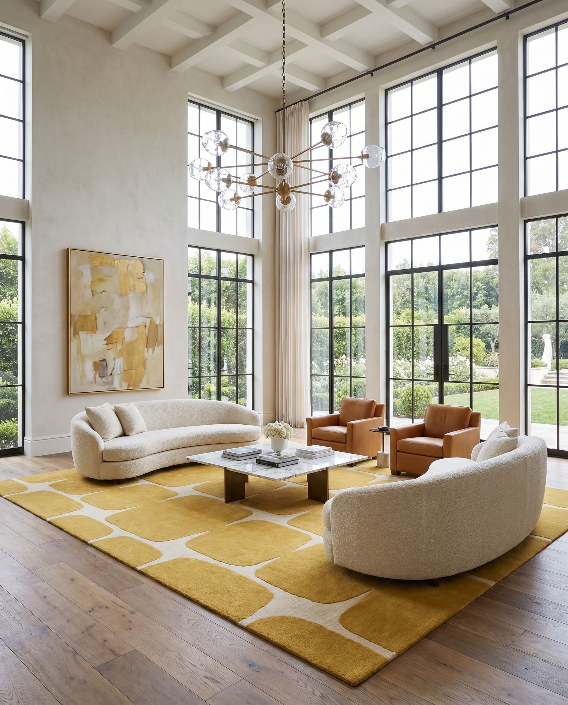 Scion SCI-36 Hand Tufted Rug as the centerpiece of a bright luxury living room — a hand tufted modern area rug in mustard and cream tones
