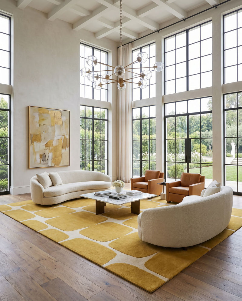 Scion SCI-36 Hand Tufted Rug as the centerpiece of a bright luxury living room — a hand tufted modern area rug in mustard and cream tones