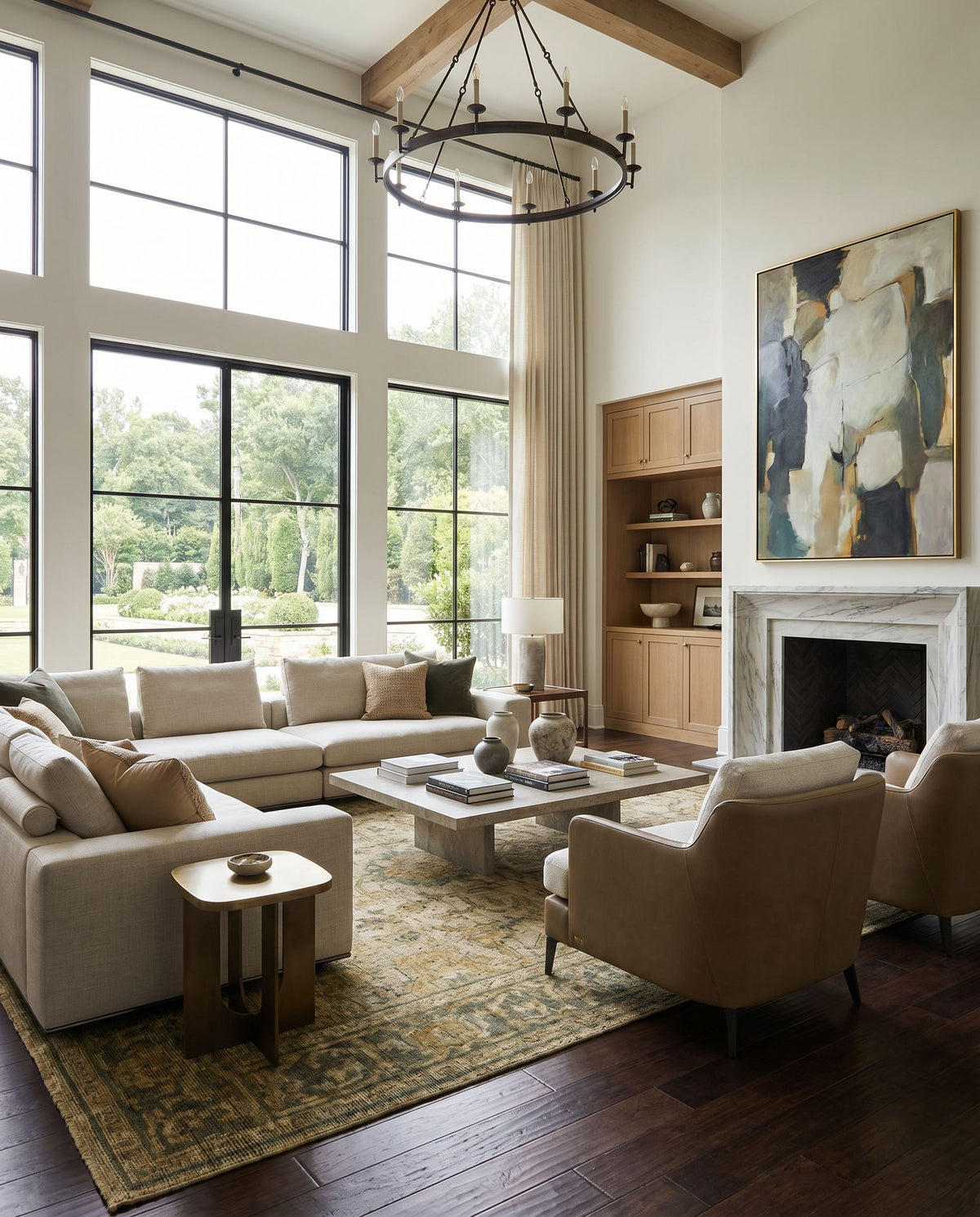 Reign REG-2305 Hand Knotted Rug as the centerpiece of a bright luxury living room — a hand knotted traditional area rug in tan, black, deep teal and teal tones
