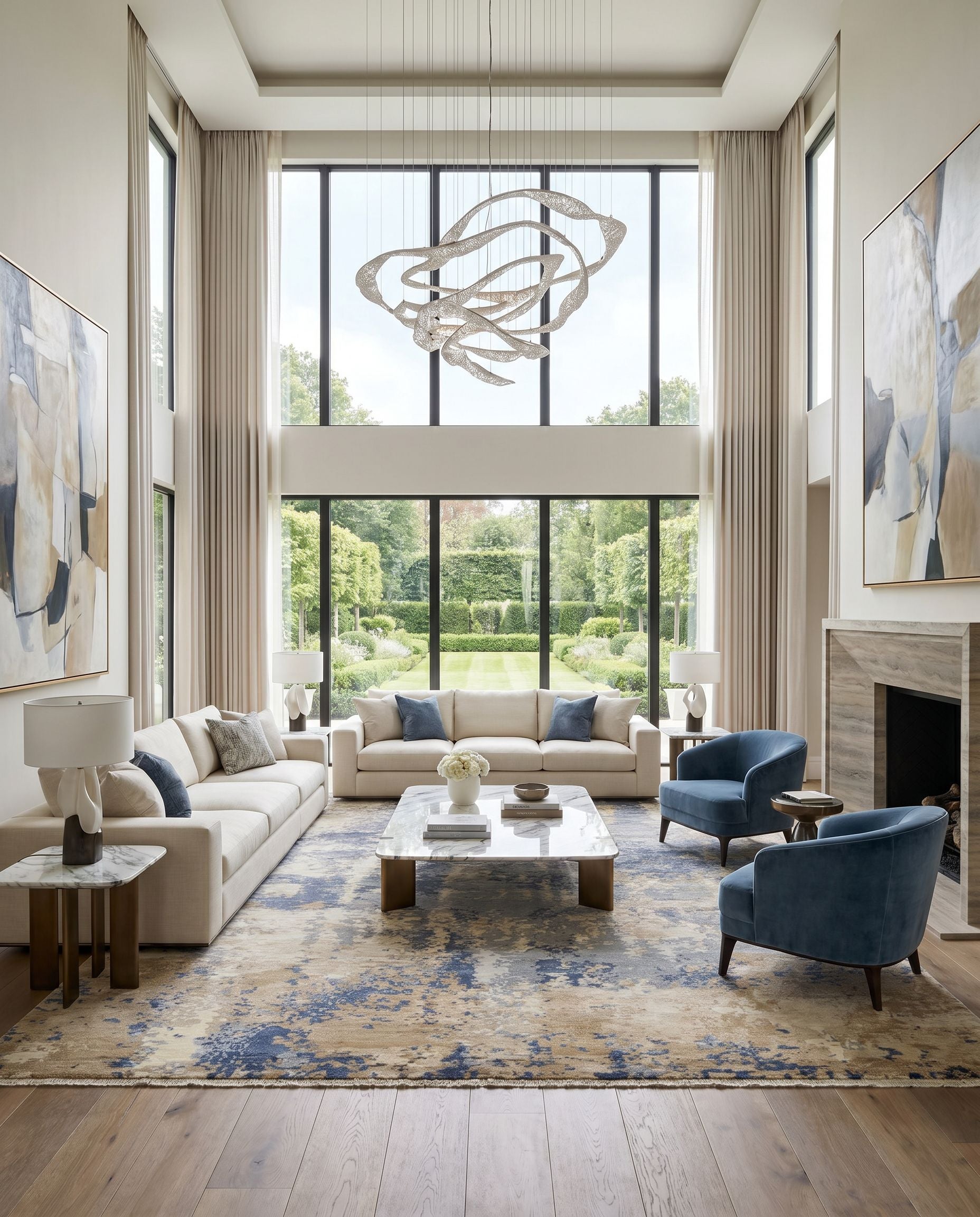 Emery EYM-2300 Hand Knotted Rug as the centerpiece of a bright luxury living room — a hand knotted modern area rug in gray, oatmeal, charcoal and beige tones