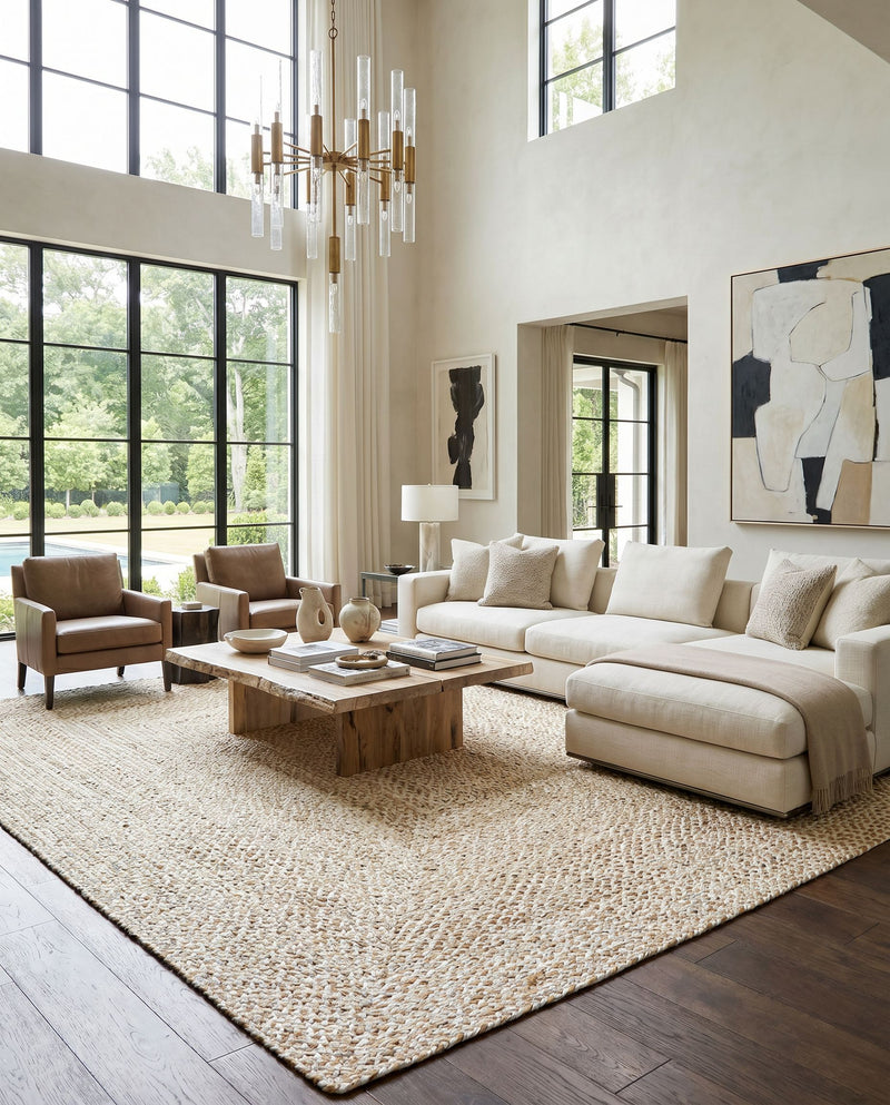 Firat FRT-2303 Hand Loomed Rug as the centerpiece of a bright luxury living room — a hand loomed cottage area rug in ivory and tan tones