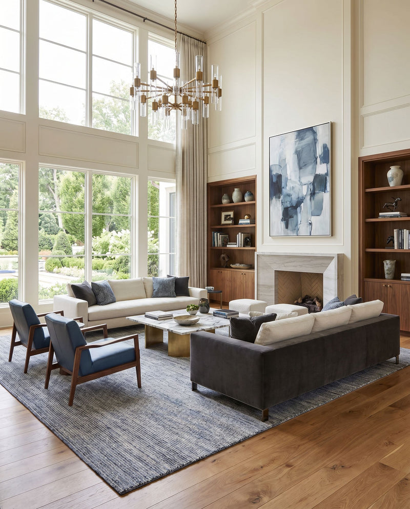 Cisse CCC-2300 Hand Tufted Rug as the centerpiece of a bright luxury living room — a hand tufted cottage area rug in cream, light gray and black tones