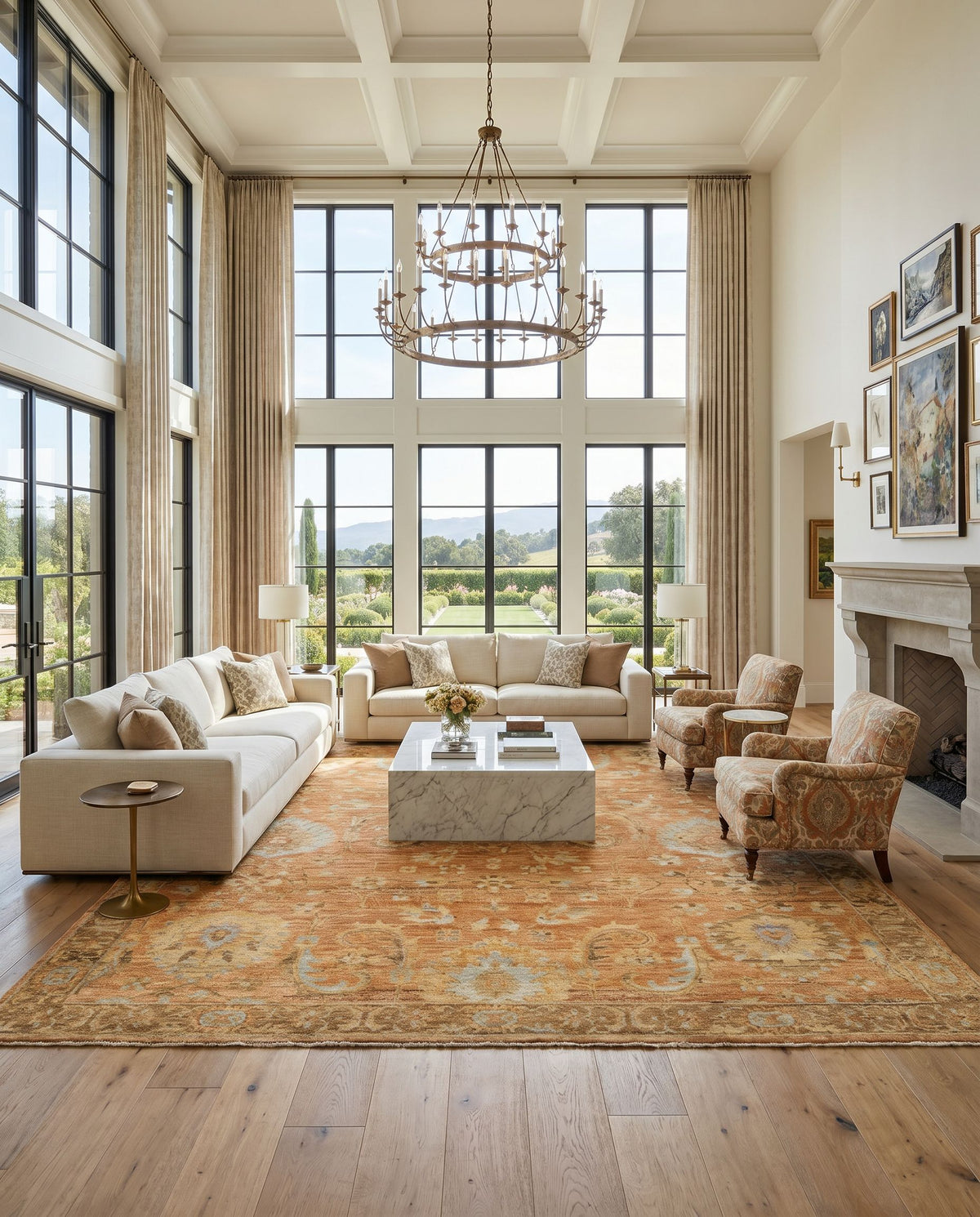 Ghazni GHZ-2300 Hand Knotted Rug as the centerpiece of a bright luxury living room — a hand knotted traditional area rug in burnt orange, light brown, mauve and tan tones