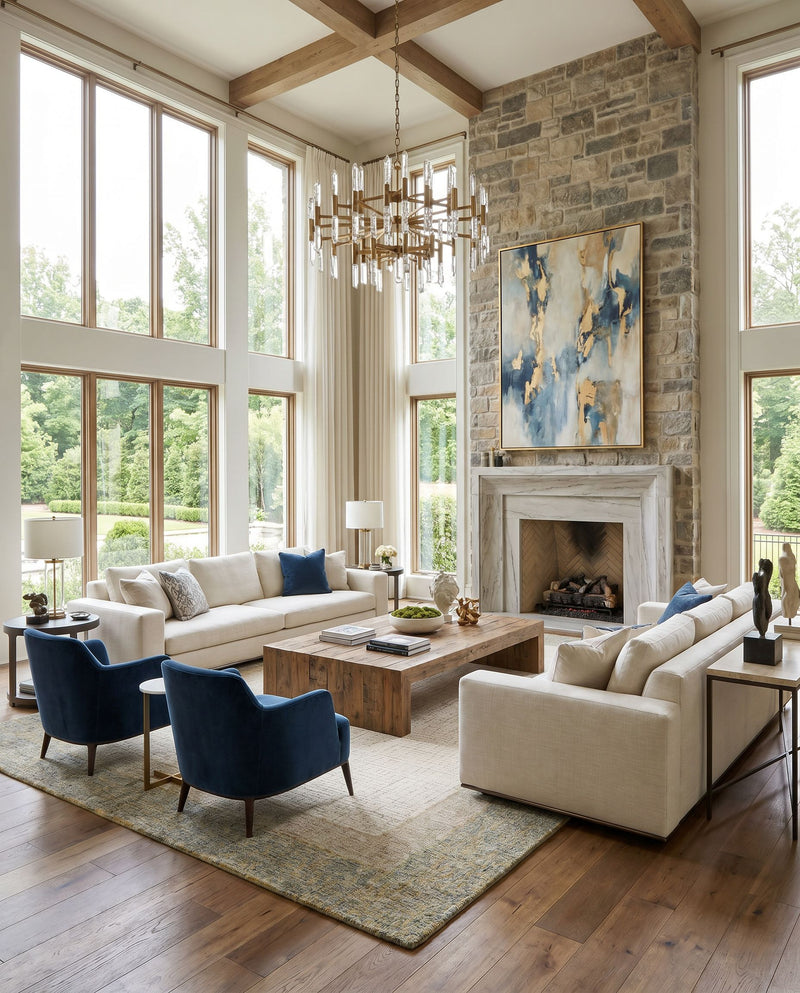Elena EAE-2301 Hand Tufted Rug as the centerpiece of a bright luxury living room — a hand tufted modern area rug in dusty sage, tan, light beige and cream tones