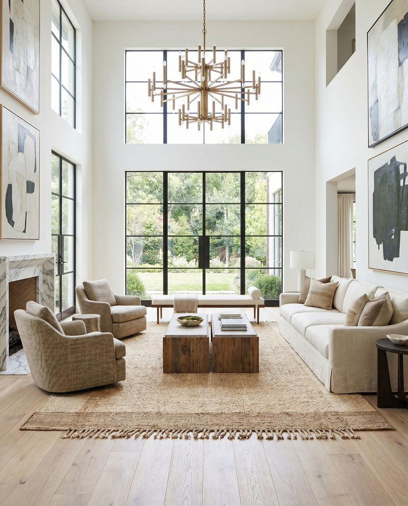 Jasmine JAM-2303 Hand Woven Rug as the centerpiece of a bright luxury living room — a hand woven cottage area rug in light brown and tan tones