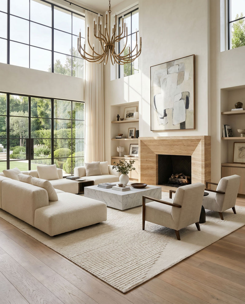Apache APA-2301 Hand Woven Rug as the centerpiece of a bright luxury living room — a hand woven global area rug in cream tones