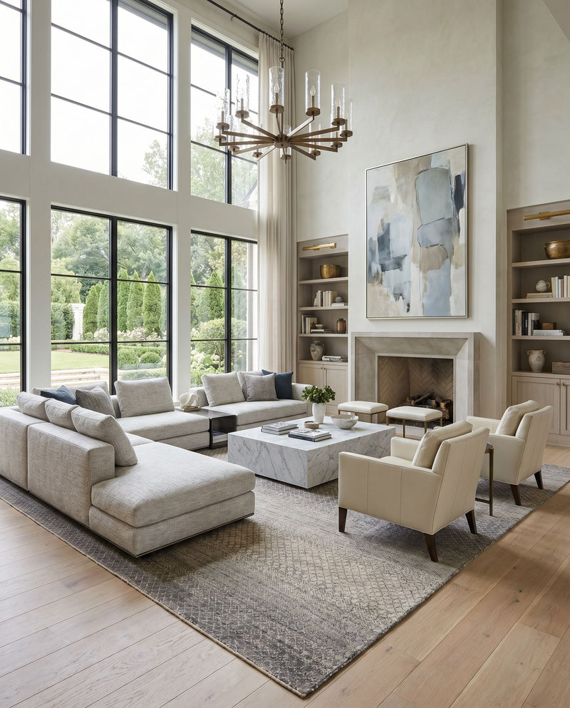 Bethesda BTD-2300 Hand Knotted Rug as the centerpiece of a bright luxury living room — a hand knotted global area rug in gray, charcoal, black and oatmeal tones