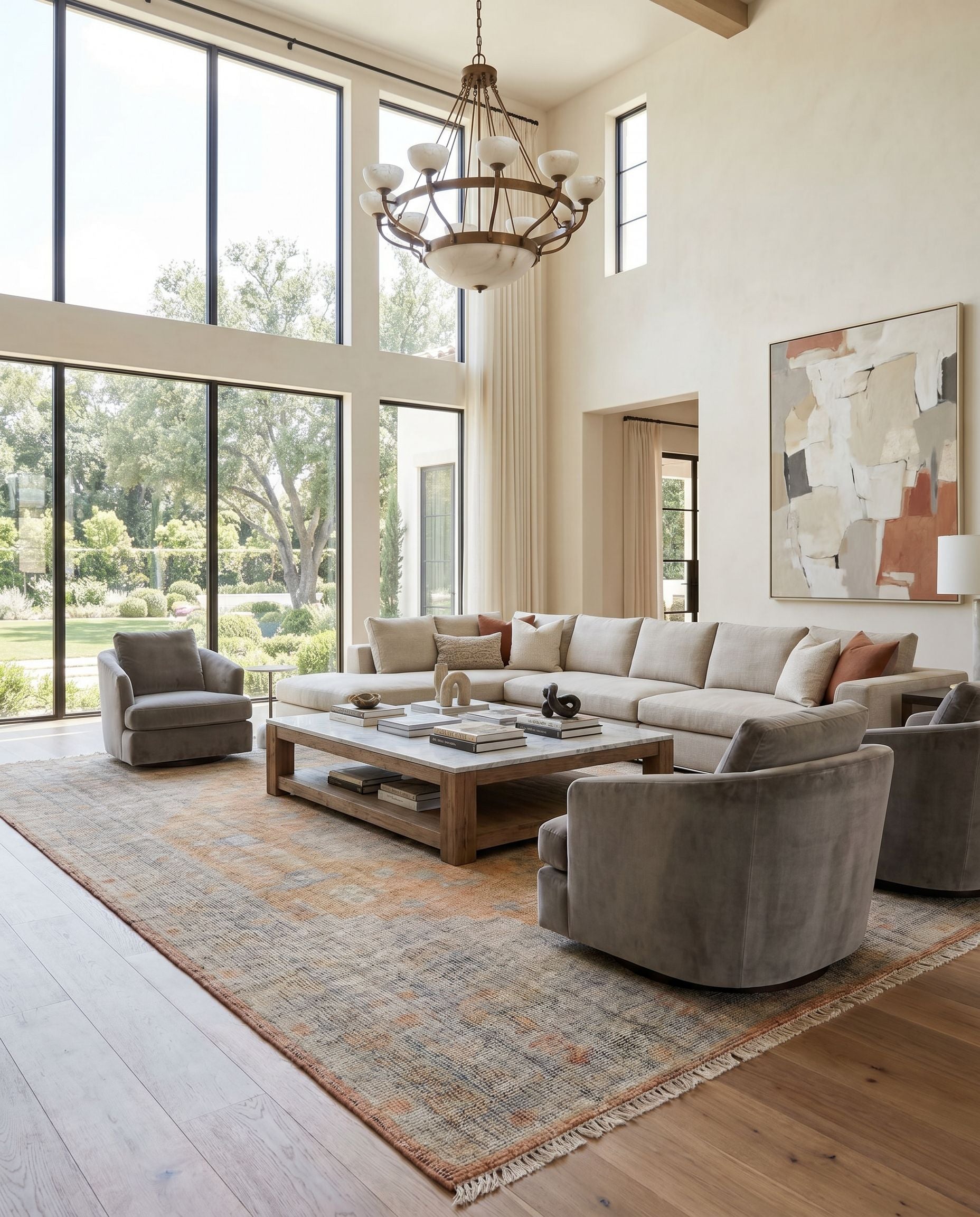 Nirvana NVN-2301 Hand Knotted Rug as the centerpiece of a bright luxury living room — a hand knotted traditional area rug in dusty coral, mustard, beige and medium gray tones