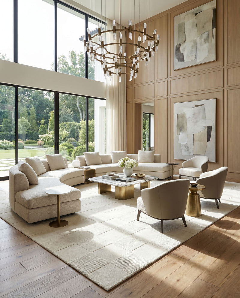 Mystique M-5473 Hand Loomed Rug as the centerpiece of a bright luxury living room — a hand loomed modern area rug in ivory, pearl and cream tones