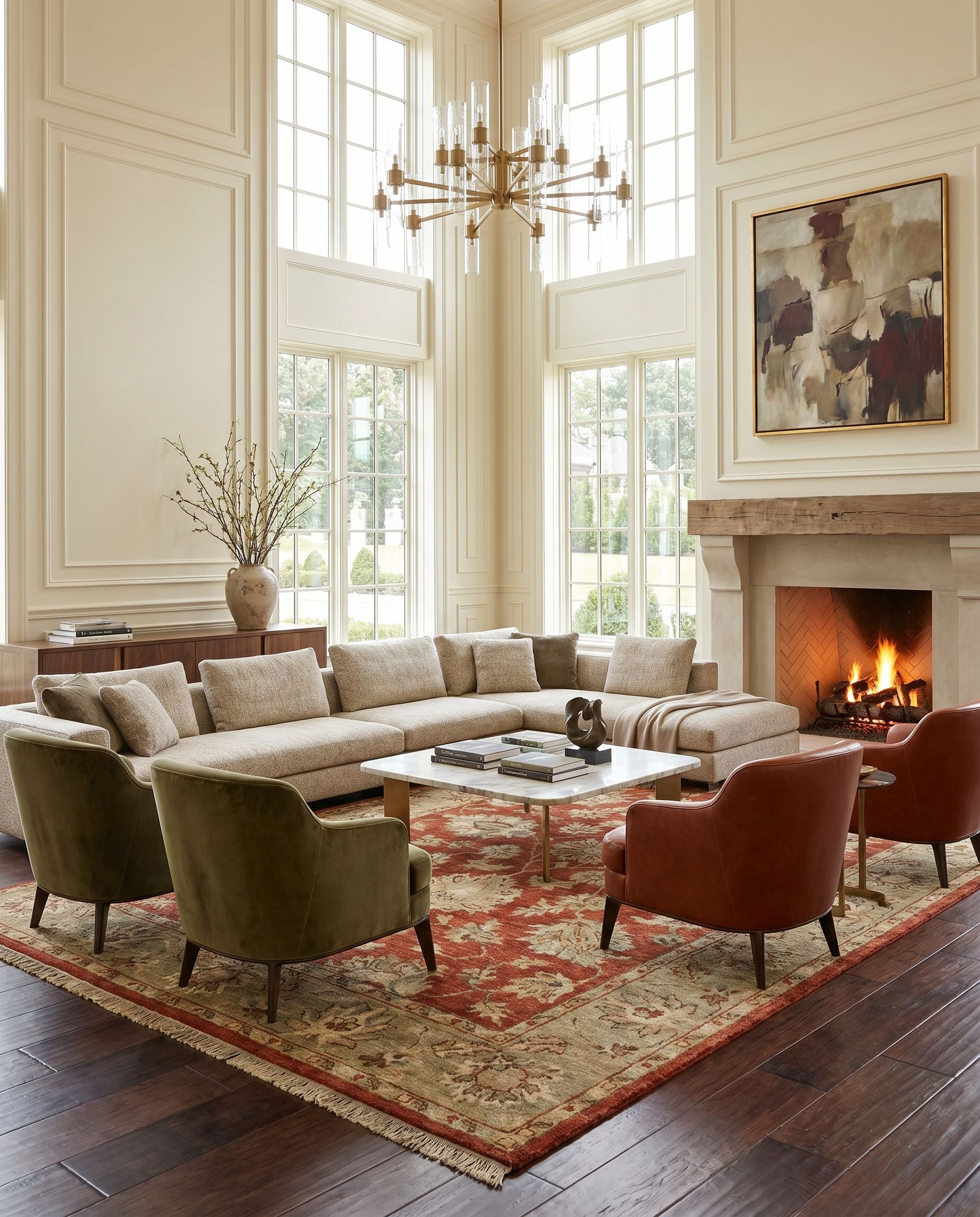 Estate EST-10500 Hand Knotted Rug as the centerpiece of a bright luxury living room — a hand knotted traditional area rug in olive, gray, tan and mauve tones
