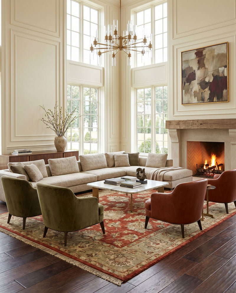 Estate EST-10500 Hand Knotted Rug as the centerpiece of a bright luxury living room — a hand knotted traditional area rug in olive, gray, tan and mauve tones