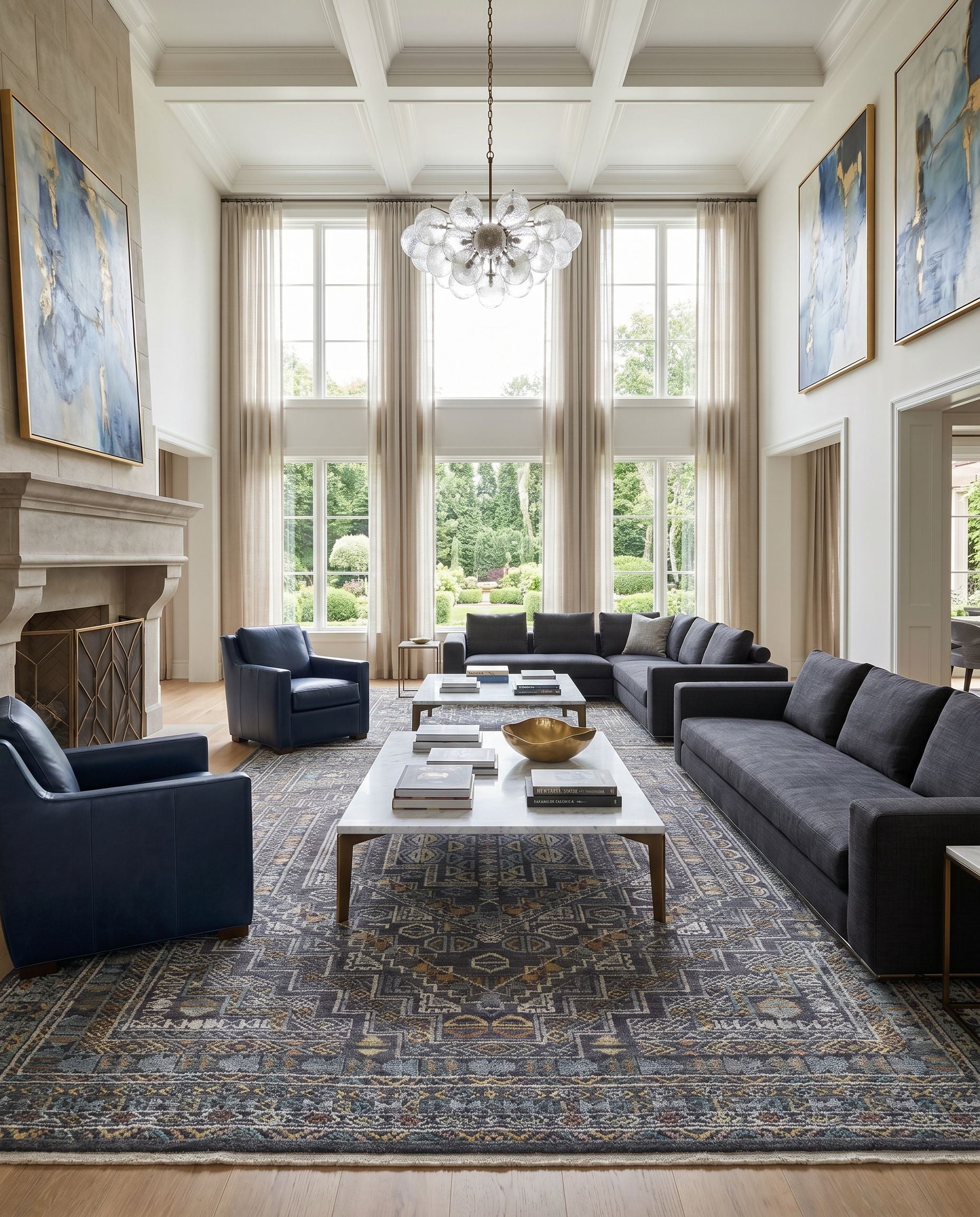 Nobility NBI-2315 Hand Knotted Rug as the centerpiece of a bright luxury living room — a hand knotted traditional area rug in charcoal, light gray, wheat and peach tones