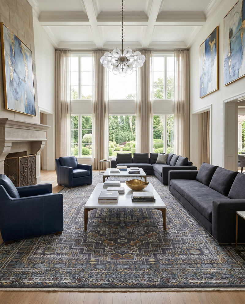 Nobility NBI-2315 Hand Knotted Rug as the centerpiece of a bright luxury living room — a hand knotted traditional area rug in charcoal, light gray, wheat and peach tones